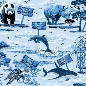 Toile De Jouy Wildlife Sea Life Wild Animal Protection Protest for a Green Earth, Dolphin, Whale, Sea Turtle, Rhinoceros, Giant Panda Climate Change Action