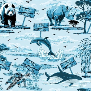 Toile De Jouy Wildlife Sea Life Wild Animal Protection Protest for a Green Earth, Dolphin, Whale, Sea Turtle, Rhinoceros, Giant Panda Climate Change Action