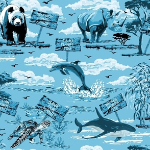 Blue and White Toile Wildlife Sea Life Wild Animal Protection Protest for a Green Earth, Dolphin, Whale, Sea Turtle, Rhinoceros, Giant Panda Climate Change Action