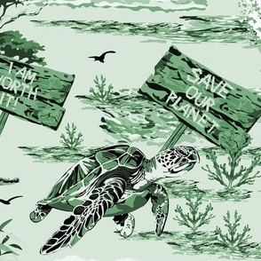 Green and White Wildlife Sea Life Toile, Wild Animal Protection Protest for a Green Earth, Dolphin, Whale, Sea Turtle, Rhinoceros, Giant Panda Climate Change Action