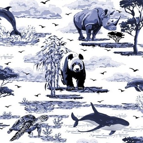 Blue Monochrome Marine Life, Sea Life, Wildlife, Wild Animals, Whale, Dolphin, Sea Turtle, Rhinoceros, Giant Panda, Endangered Animal Species