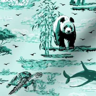 Aqua Green Monochrome Sea Life, Marine Life Wildlife, Wild Animals, Whale, Dolphin, Sea Turtle, Rhinoceros, Giant Panda, Endangered Animal Species