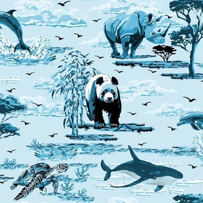 Blue Monochromatic Sea Life, Marine Life Wildlife, Wild Animals, Whale, Dolphin, Sea Turtle, Rhinoceros, Giant Panda, Endangered Animal Species