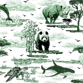 Green Toile De Jouy Monochromatic Wildlife, Sea Life Marine Life, Wild Animals, Whale, Dolphin, Sea Turtle, Rhinoceros, Giant Panda, Endangered Animal Species