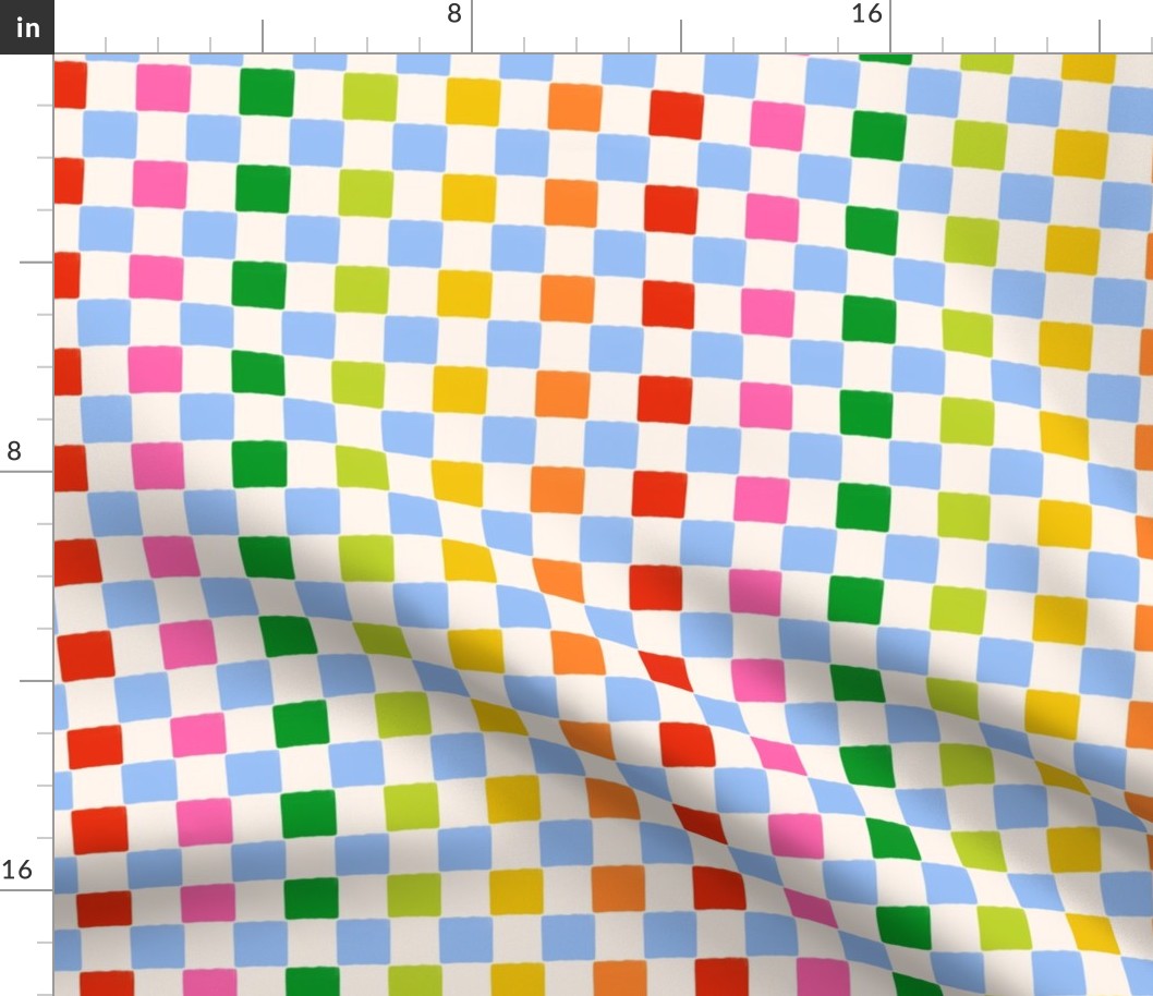 BRIGHT GEOMETRIC CHECKERED SQUARES IN MULTI COLOR BLUE, RED, PINK, GREEN, YELLOW