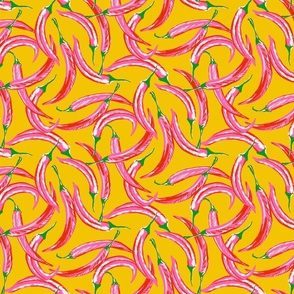 HAND DRAWN TOSSED CHILLIS IN PINK AND RED ON YELLOW