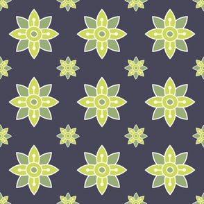 Lady's-mantle flower geometric flower pattern yellow-green on dark grey-purple