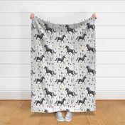 Whimsical Floral Dancing Rainbow Unicorns on Grayscale Muted Black White: Magical Cute Girls Teen Bedding