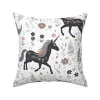Whimsical Floral Dancing Rainbow Unicorns on Grayscale Muted Black White: Magical Cute Girls Teen Bedding