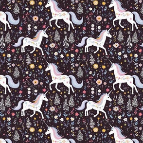 Whimsical Floral Dancing Rainbow Unicorns on White and Black: Magical Cute Girls Bedding