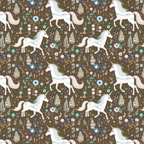 Whimsical Floral Dancing Rainbow Unicorns on White and Blue, Brown: Magical Cute Girls Bedding