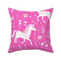 Whimsical Floral Dancing Rainbow Unicorns on White and Bright Barbie Pink: Magical Cute Girls Bedding Wallpaper