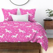 Whimsical Floral Dancing Rainbow Unicorns on White and Bright Barbie Pink: Magical Cute Girls Bedding Wallpaper