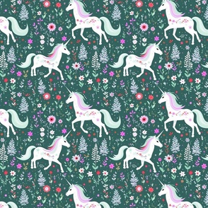 Whimsical Floral Dancing Rainbow Unicorns on White and Teal Blue: Magical Cute Girls