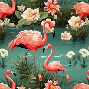 Lush Tropical Coral Pink Flamingos Floral Flowers Bold Color Coastal Beach House Large Scale Bedding Wallpaper