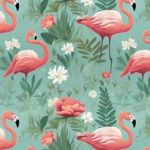 Coral Pink Flamingos on Turquoise Blue Floral Large Scale Wallpaper Bedding Coastal Beach House