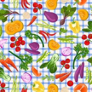 HAND DRAWN GARLIC, PEAS, PUMPKIN, CARROT, TOMATO, BROCCOLI, KITCHEN VEGETABLES TOSSED PATTERN ON PAINTED BLUE GINGHAM