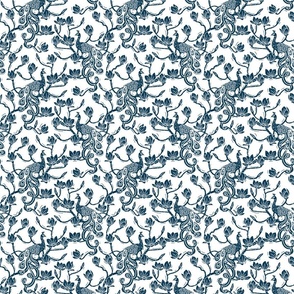 Paisley Peacock in Magnolia Garden- Block Print- Indigo Blue on White- Small Scale