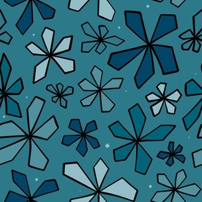 retro woodcut floral teal