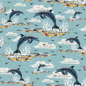 Modern Vintage Dolphins Swimming the Marine Blue Ocean Waves, Deep Blue Sea, Marine Mammal Flying Porpoise