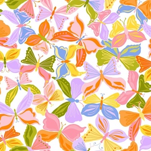 TOSSED COLORFUL BUTTERFLIES IN PINK, ORANGE, GREEN, BLUE, YELLOW ON WHITE