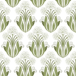 French Country Floral damask Green and white Large scale 24'