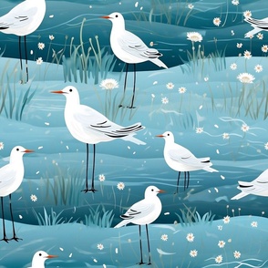 Nautical Seagulls on Blue White Birds Seaside Beach Fowl Little Flowers Bedding   