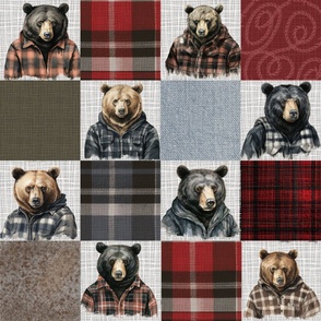 Bears in Plaid Cheater Quilt Grizzly Brown Black Adult Men Teen Boys Western Man Cave Red Humor Cabin Lodge Woodland