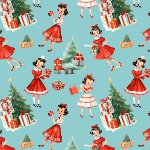 Vintage 1950s Christmas: Retro Mid-Century Holiday Festive Girl in Red Dress, Tree, Presents on Blue Nostalgic Design