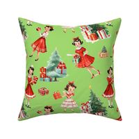 Vintage 1950s Christmas: Retro Mid-Century Holiday Festive Girl in Red Dress, Tree, Presents on Lime Green Nostalgic Design retro atomic star Lime Green Background Presents Tree 
