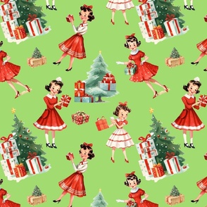 Vintage 1950s Christmas: Retro Mid-Century Holiday Festive Girl in Red Dress, Tree, Presents on Lime Green Nostalgic Design retro atomic star Lime Green Background Presents Tree 

