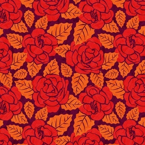 Spanish Roses - Red + Orange on Plum