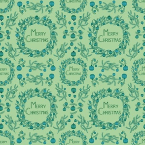Christmas Wreath with Blue and Teal Baubles on Celadon Green 