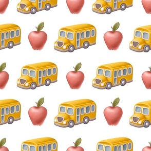 Large Scale Back to School Red Apples and Yellow Busses on White