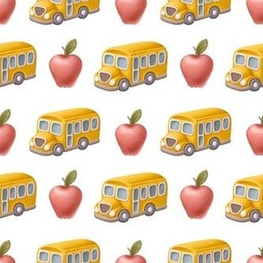 Medium Scale Back to School Red Apples and Yellow Busses on White
