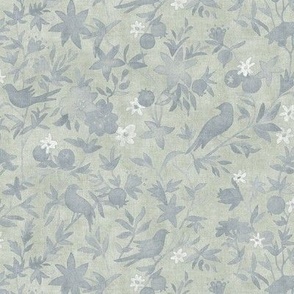 Forest Garden in Willow Green (small scale) | Forest birds, soft green botanical fabric, floral neutral, garden fabric in laurel green and white, bird print fabric from original watercolor painting.