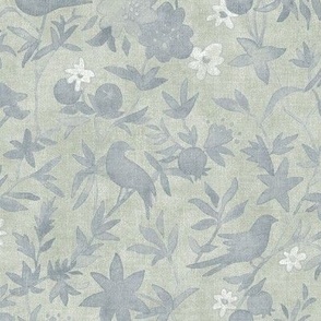 Forest Garden in Willow Green (medium scale) | Forest birds, soft green botanical fabric, floral neutral, garden fabric in laurel green and white, bird print fabric from original watercolor painting.