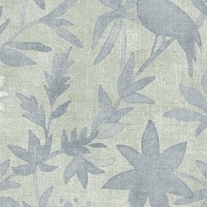 Forest Garden in Willow Green (xl scale) | Forest birds, soft green botanical fabric, floral neutral, garden fabric in laurel green and white, bird print fabric from original watercolor painting.