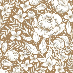 Peonies -neutral botanical Art Nouveau large scale Victorian wallpaper white and rich oak