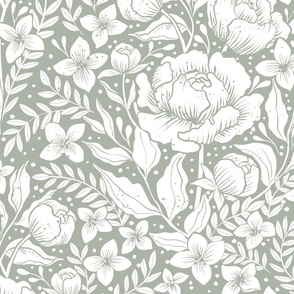 Peonies -neutral botanical Art Nouveau large scale Victorian wallpaper white and sage green