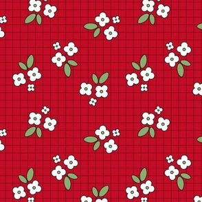 Retro Christmas little flowers plaid - daisies and leaves on checker plaid design nursery scandinavian boho design vintage red green