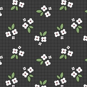 Retro Christmas little flowers plaid - daisies and leaves on checker plaid design nursery scandinavian boho design vintage green red on charcoal gray