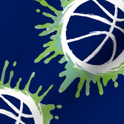 Watercolor Basketball- Blue Green on Navy- Regular Scale