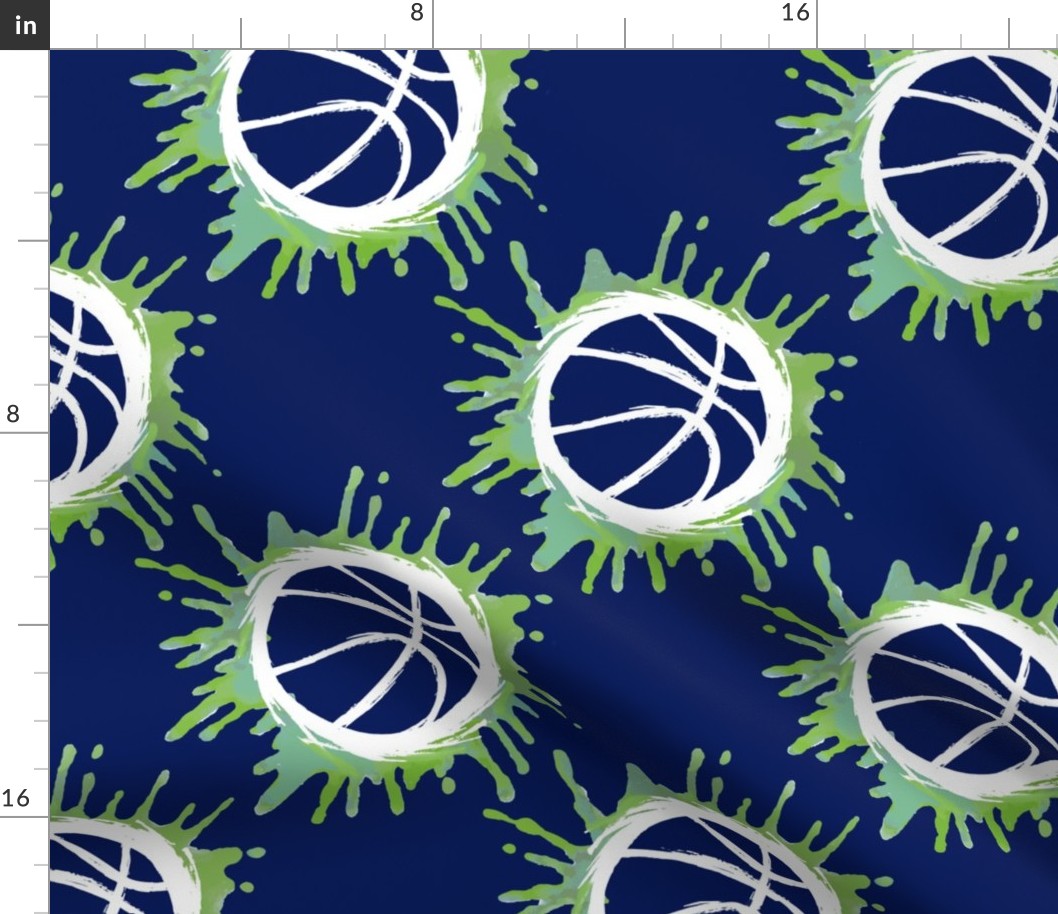 Watercolor Basketball- Blue Green on Navy- Regular Scale