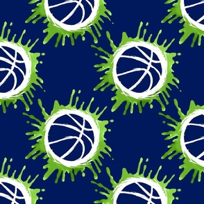 Watercolor Basketball- Green on Navy Blue- Regular Scale