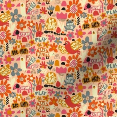 Playful Meadow: V4 Happy Animals Folk Abstract Florals Groovy Folksy 70s Retro Flowers - XS
