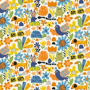 Playful Meadow: V5 Happy Animals Folk Abstract Florals Groovy Folksy 70s Retro Flowers - Medium
