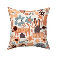 Playful Meadow: V3 Cute Happy Animals Folk Abstract Florals Groovy Folksy 70s Inspirational Retro Flowers - Large