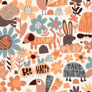 Playful Meadow: V3 Cute Happy Animals Folk Abstract Florals Groovy Folksy 70s Inspirational Retro Flowers - Large