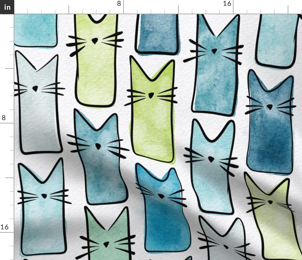 cat - buddy cat caribbean and lime mix - watercolor adorable cat - cute cat fabric